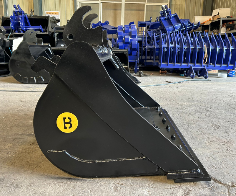 Close-up of 42" - 48" Clean up Bucket 4-6 Ton Excavator - Wedge - Pins - X Change - tough and durable heavy equipment.