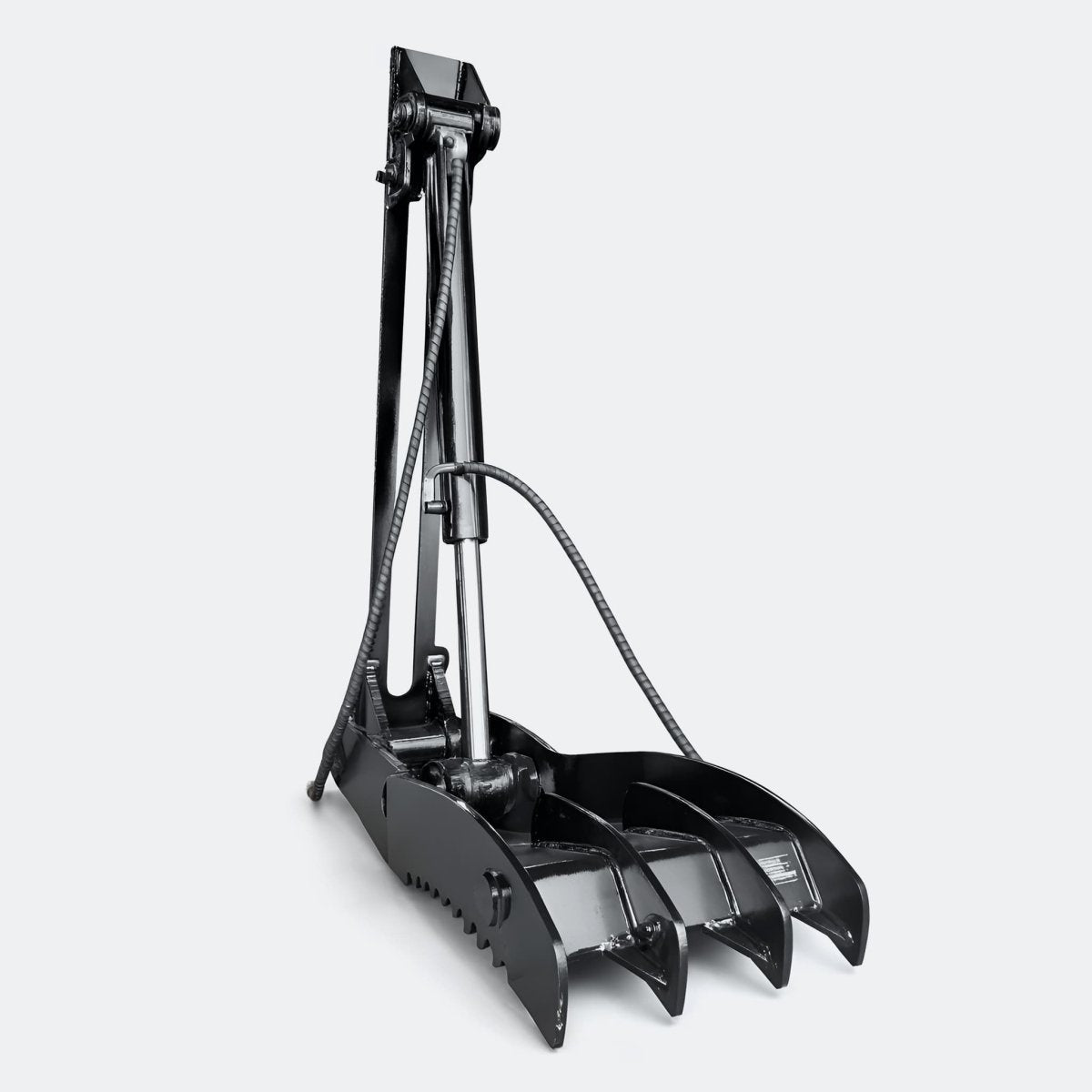 Black excavator hydraulic thumb attachment with curved gripping fingers representing Excavator Hydraulic Thumbs