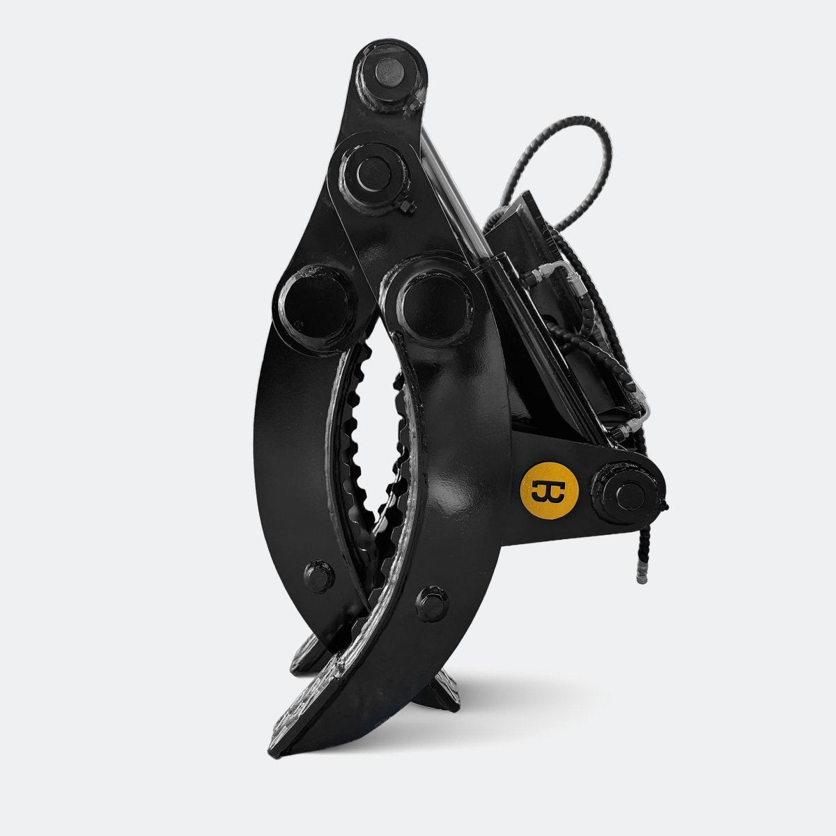 Black non-rotating hydraulic log grapple with serrated jaw representing Excavator Non Rotating Hydraulic Grapples