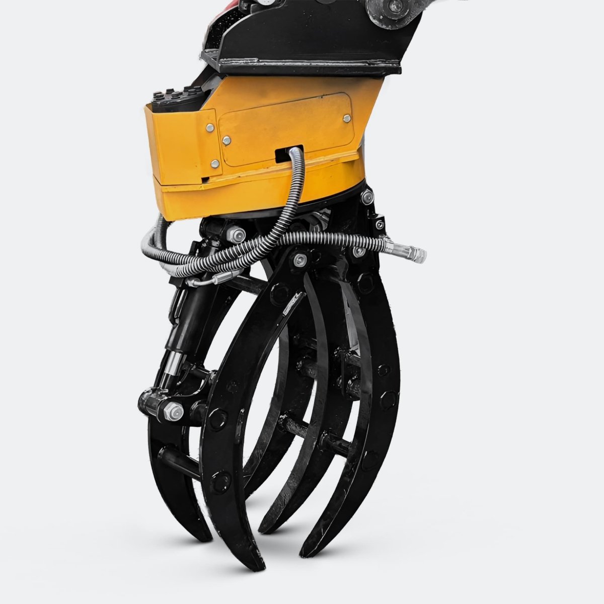 Yellow and black rotating hydraulic log grapple with curved claw arms representing Excavator Rotating Hydraulic Grapples