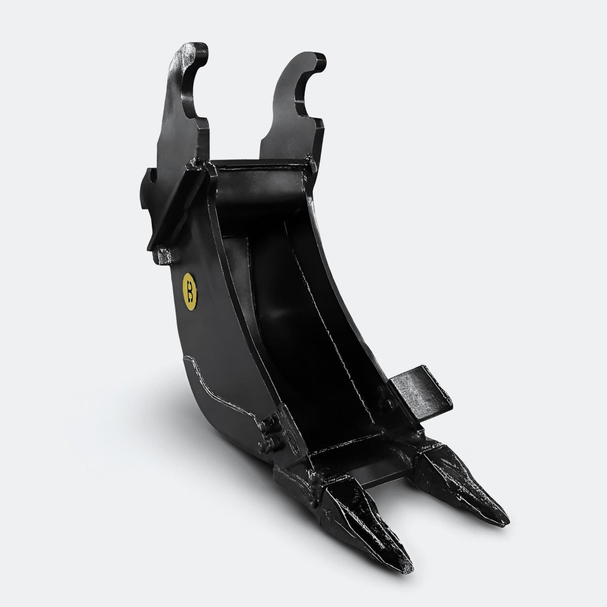 Black narrow excavator trenching bucket with two sharp teeth representing Excavator Trenching Buckets