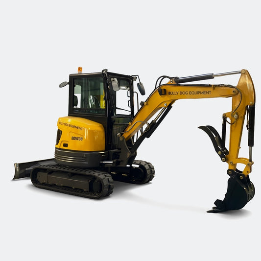 3.8 ton Closed Cab Excavator with Kubota Engine AC in Cab Heater and 2 Speed Drive Motor - Bully Dog Equipment