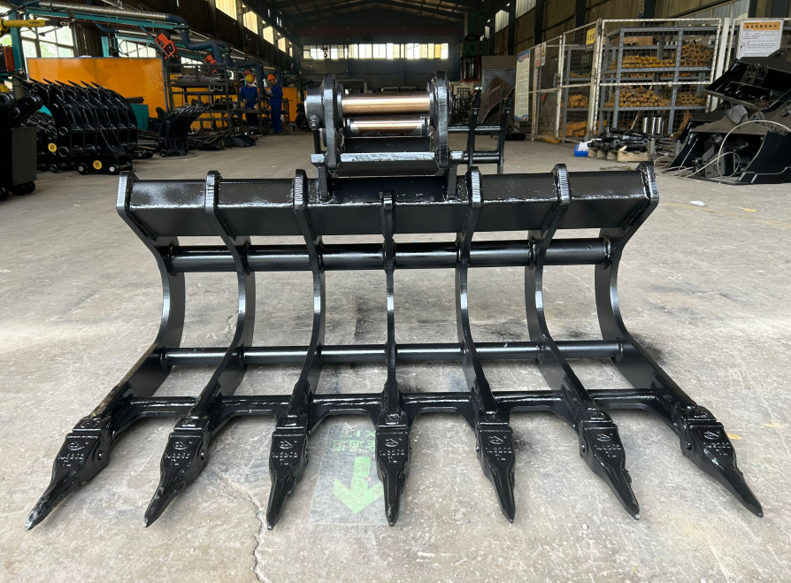 Close-up of 42" Excavator Scoop Rake fits 3.5 Ton - 6 Ton Excavator with Wedge, Pins and X-Change Couplers - tough and durable heavy equipment.