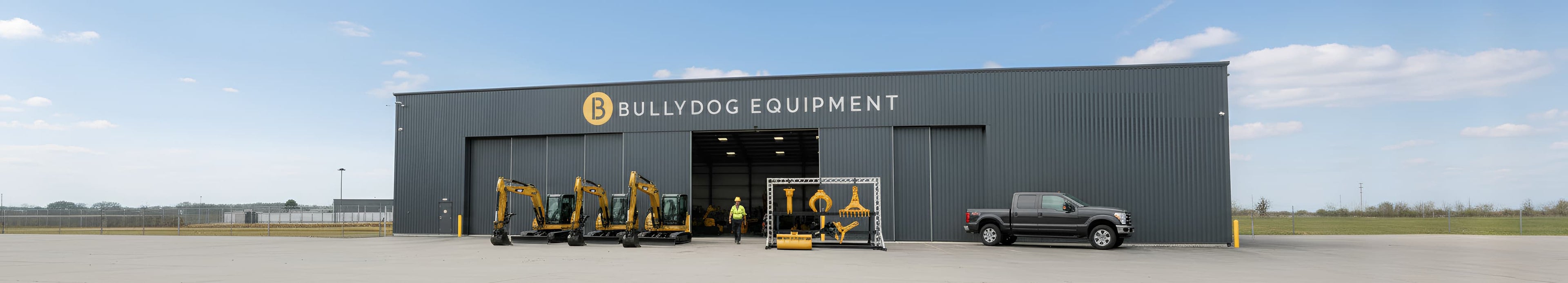 An equipment facility showing mini excavators and attachments for contractors and equipment operators